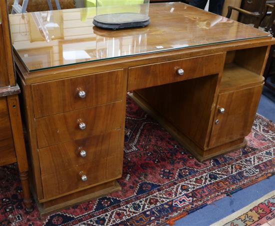 An Art Deco style walnut partners desk W.150cm